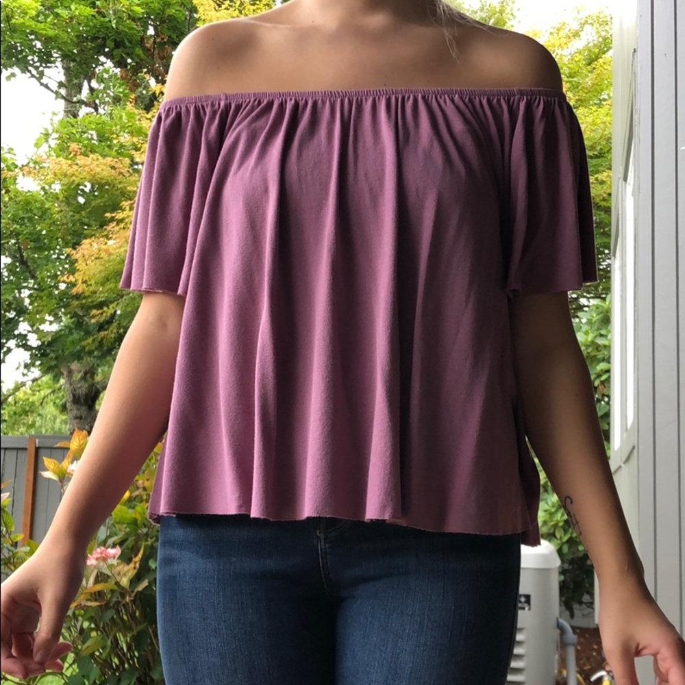 mauvy purple, off the shoulder shirt